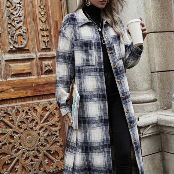 New Plaid Check Flannel Long Shacket Jacket Coat - Picture 4 of 7